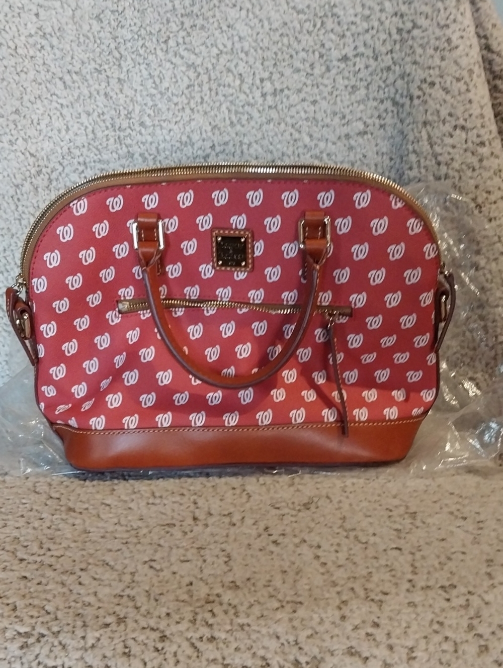Dooney & Bourke Red Logo Dome Satchel with Tan Trim